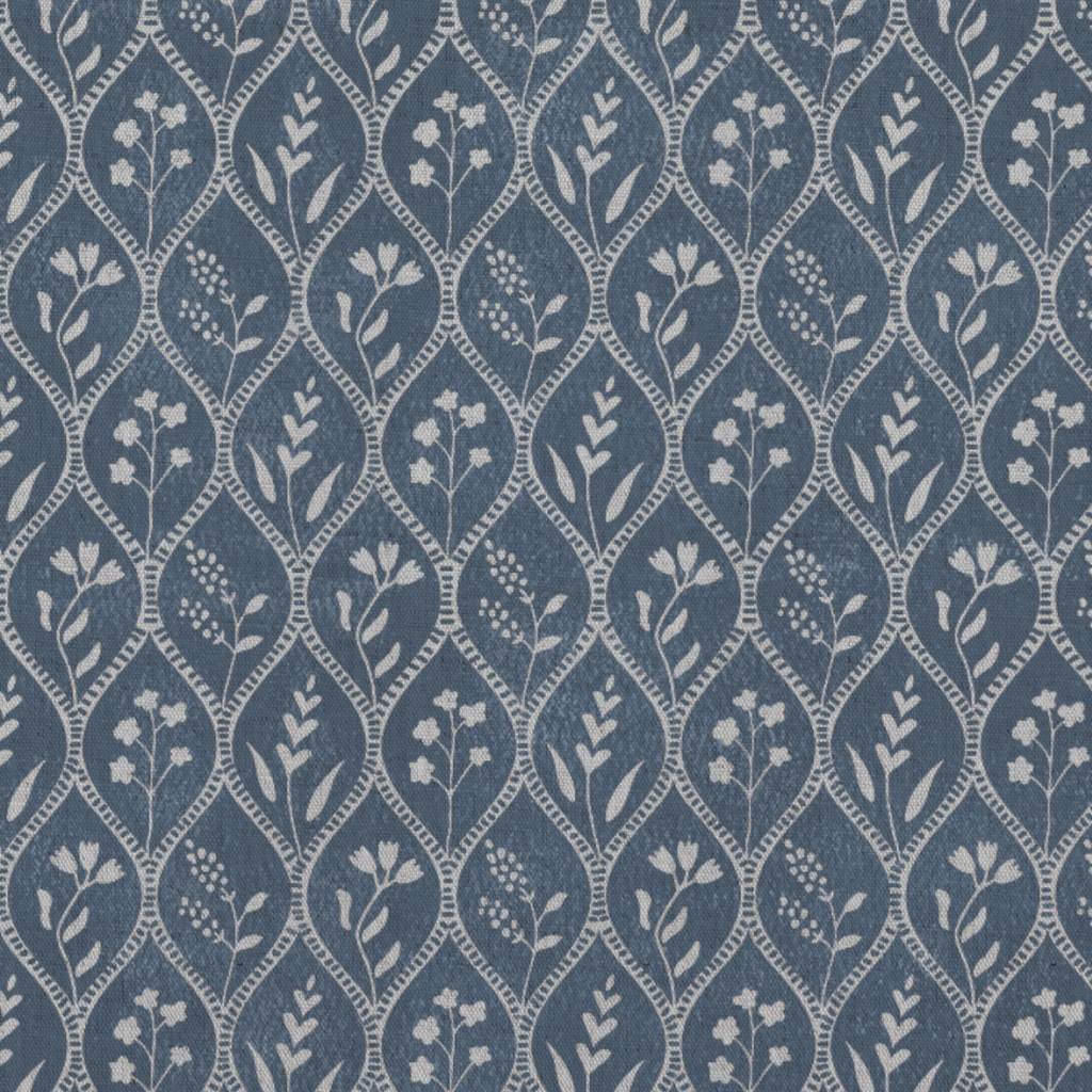 Blue Floral Linen Curtain Fabric - Miny Denim - Natural base fabric.