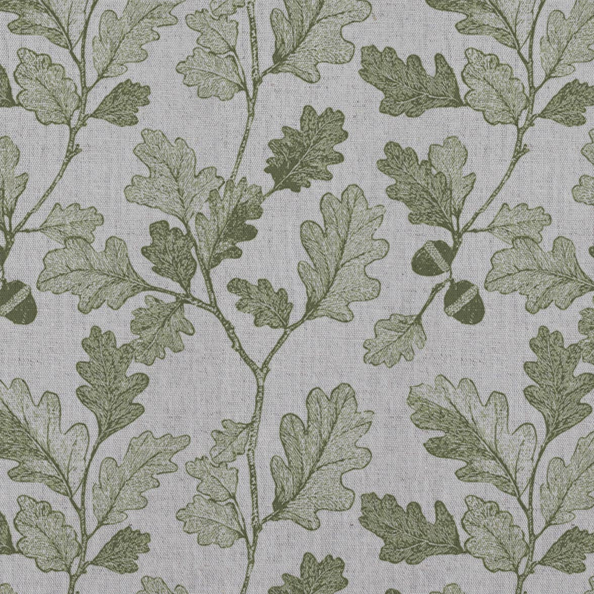 Green Botanical Linen Curtain Fabric - Olini Khaki - Natural base fabric.