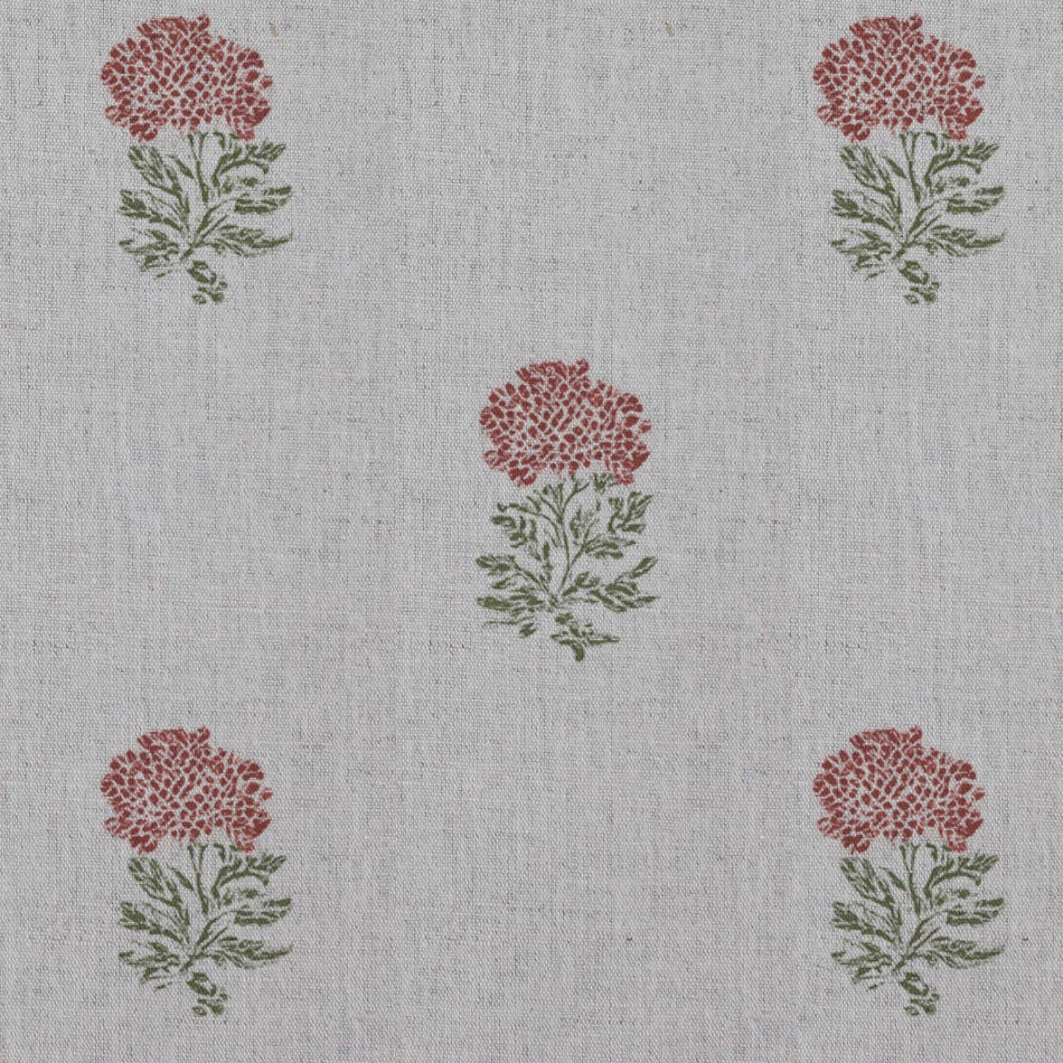 Red Floral Linen Curtain Fabric - Pearlie Crimson Red - Natural base fabric.