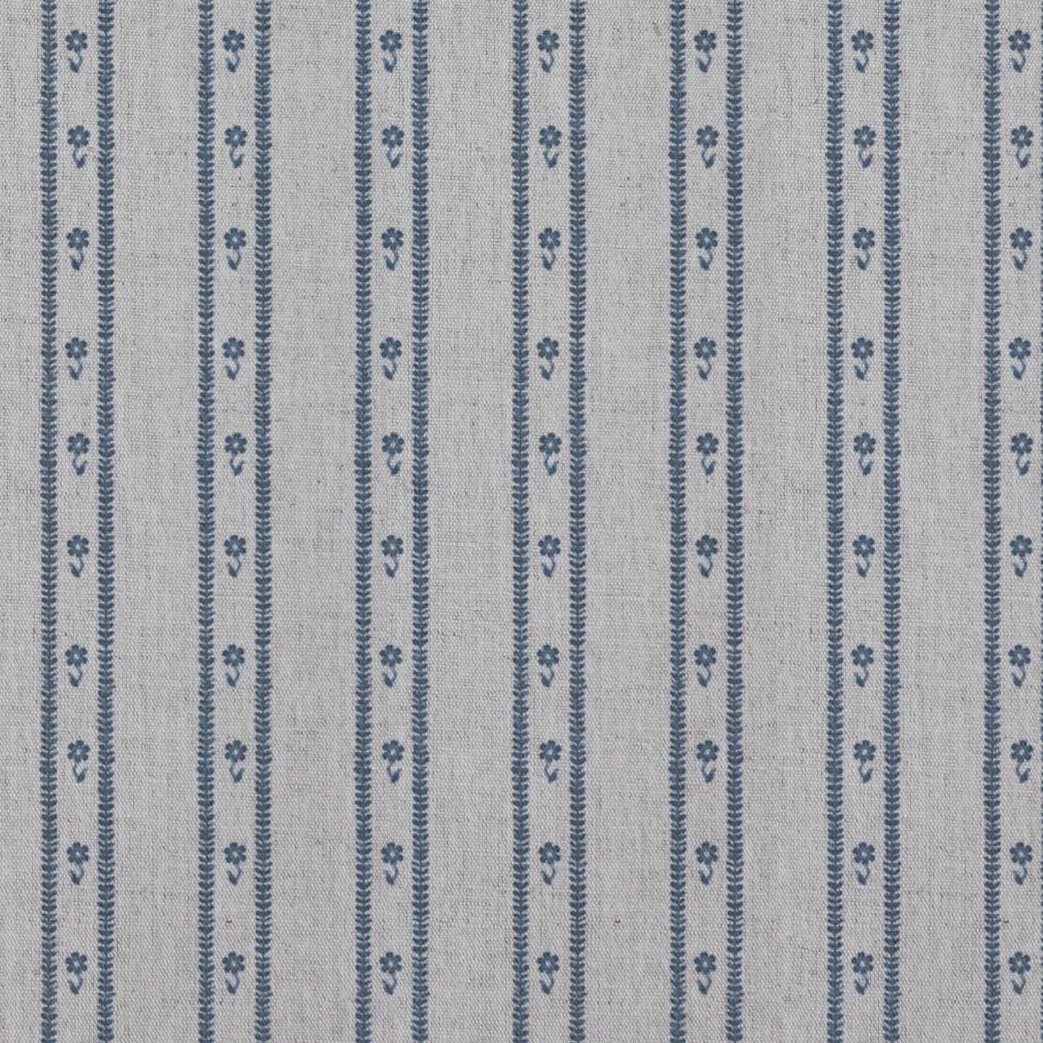 Blue Floral Stripe Linen Curtain Fabric - Silvian Denim - Natural base fabric.