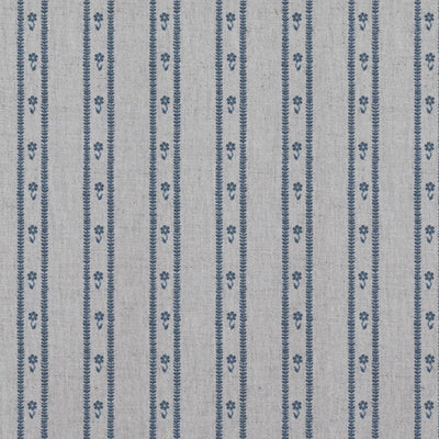 Blue Floral Stripe Linen Curtain Fabric - Silvian Denim - Natural base fabric.