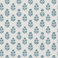 Blue Floral Linen Curtain Fabric - Doris Paris Blue-WHT - White base fabric.