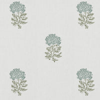 Light Green Floral Linen Curtain Fabric - Pearlie Sage-WHT - White base fabric.