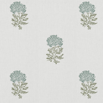 Light Green Floral Linen Curtain Fabric - Pearlie Sage-WHT - White base fabric.