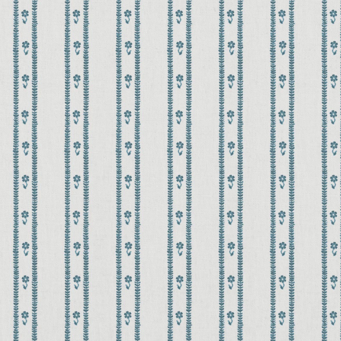 Blue Floral Stripe Linen Curtain Fabric - Silvian Paris Blue-WHT - White base fabric.