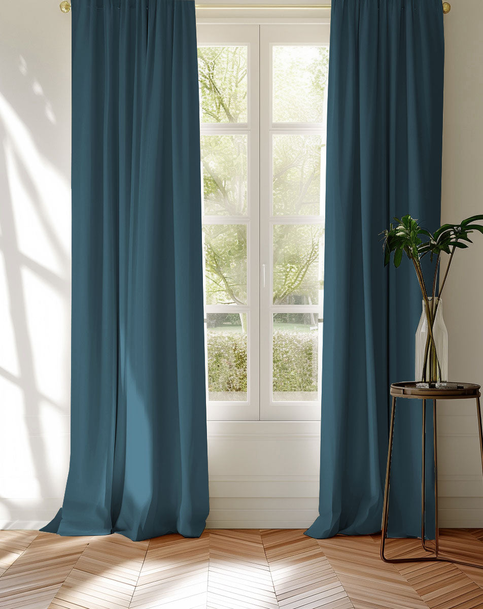 Pair of blue cotton curtains made of Amara Marine Blue fabric