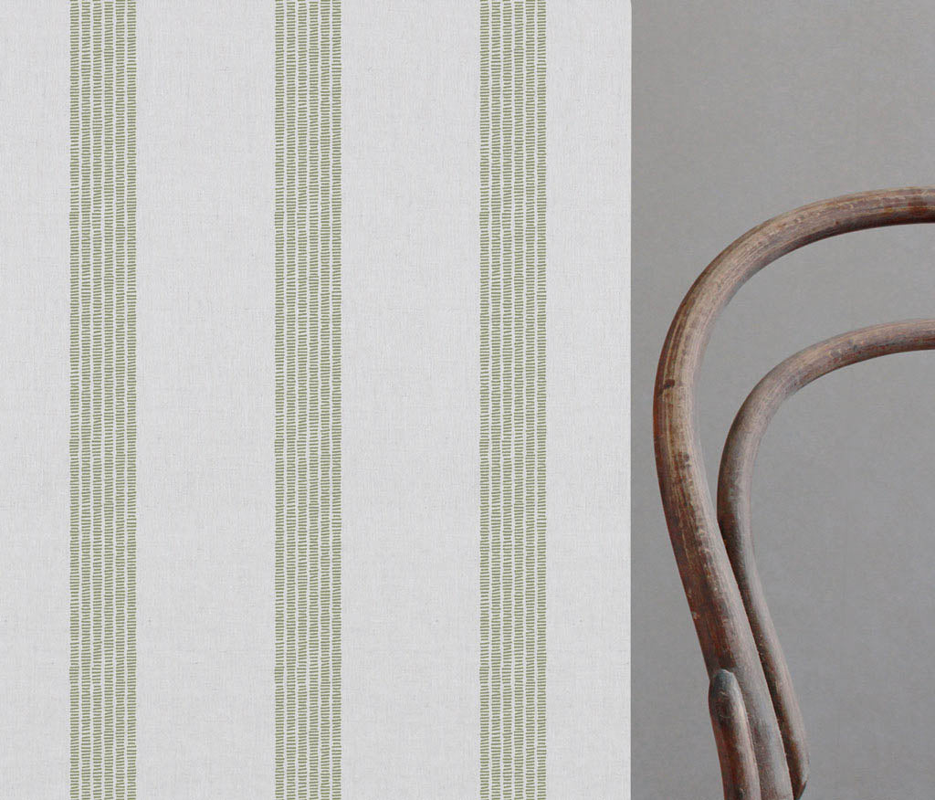 Sumi Moss-WHT - White curtain fabric with Green Striped print