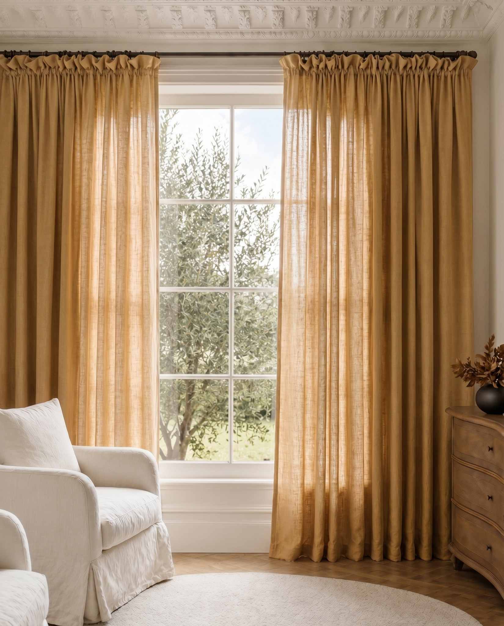 Mustard Yellow Wide Linen Curtains. Made of double width 280 cm wide soft pure linen fabric Vilgot Noveau Dijion by Ada & Ina