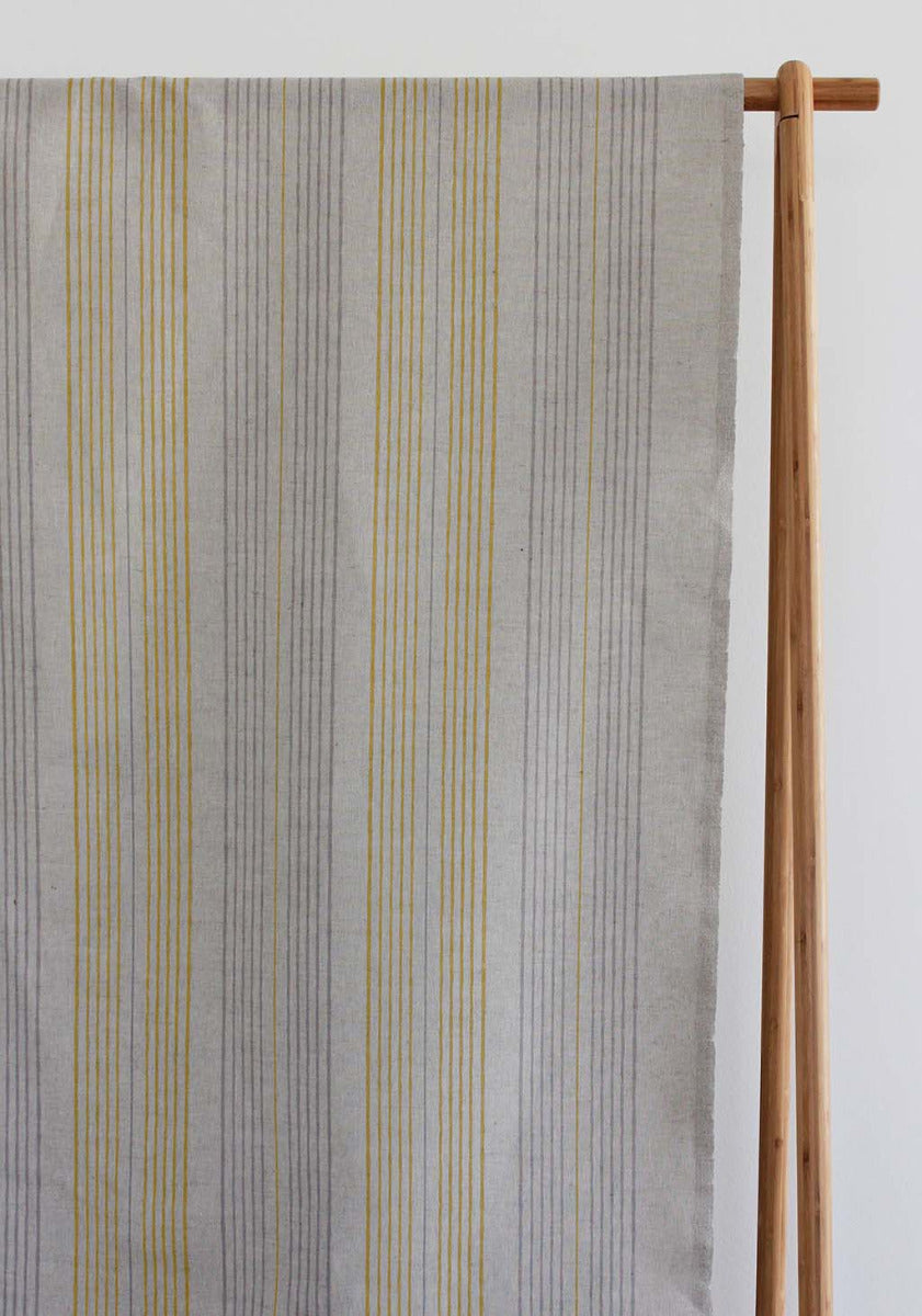 Else-Mustard- Linen Cotton mix curtain fabric, Yellow & Grey stripes