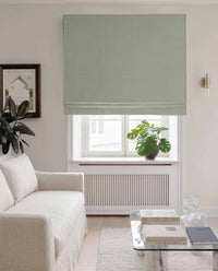 Muted Green Linen Roman blind blackout lined - pre-washed 100% linen. Bianco Venice by Ada & Ina.