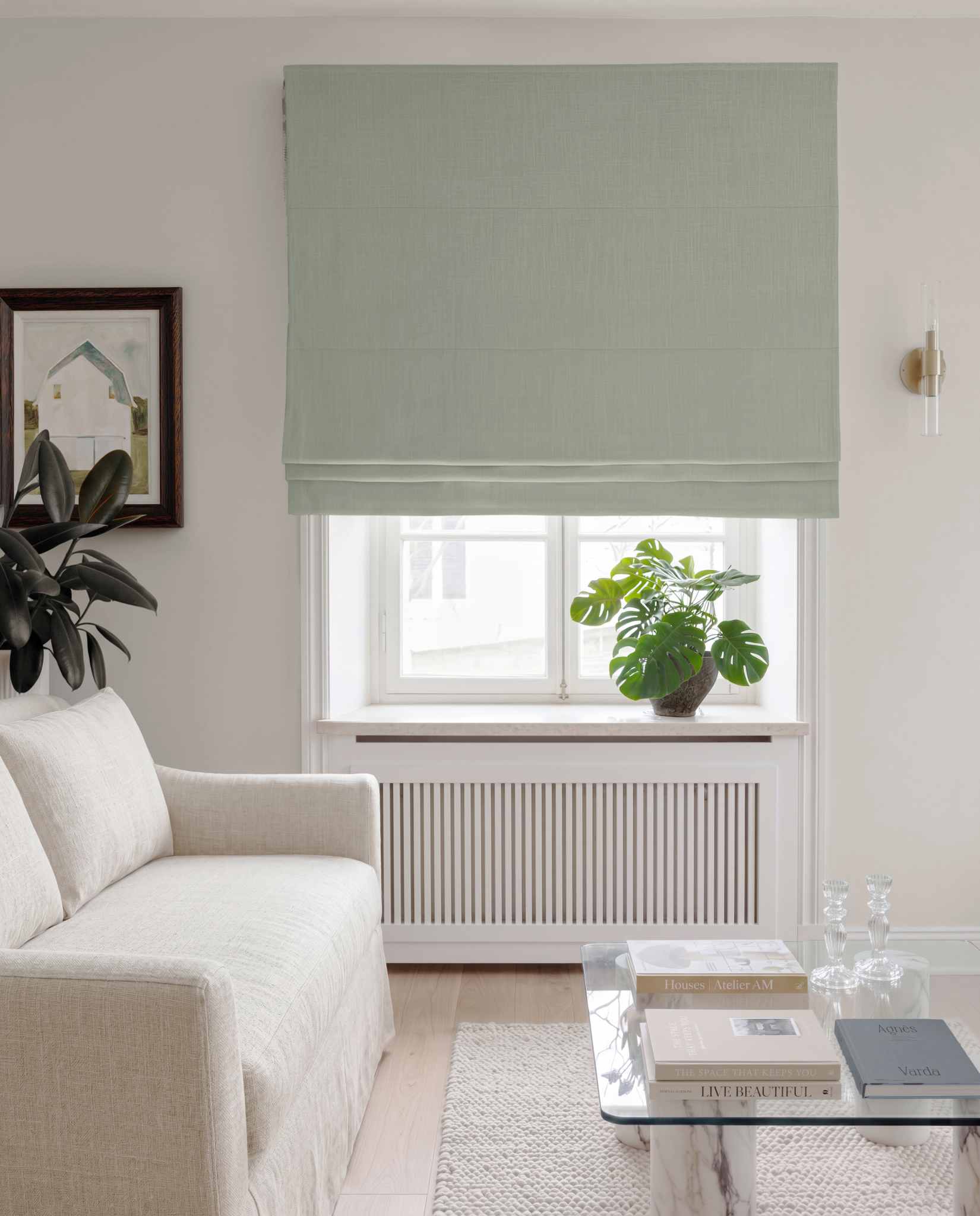 Muted Green Linen Roman blind blackout lined - pre-washed 100% linen. Bianco Venice by Ada & Ina.