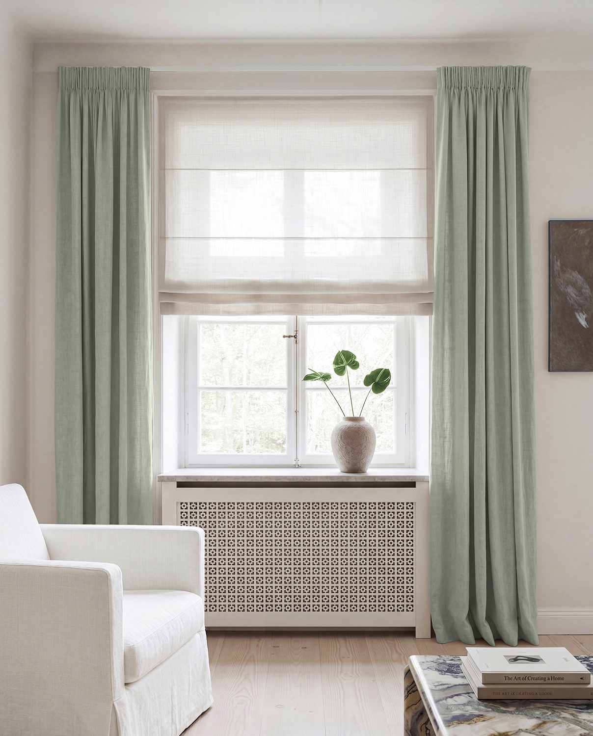 Muted Green Linen curtains blackout lined - pre-washed linen. Bianco Venice by Ada & Ina.