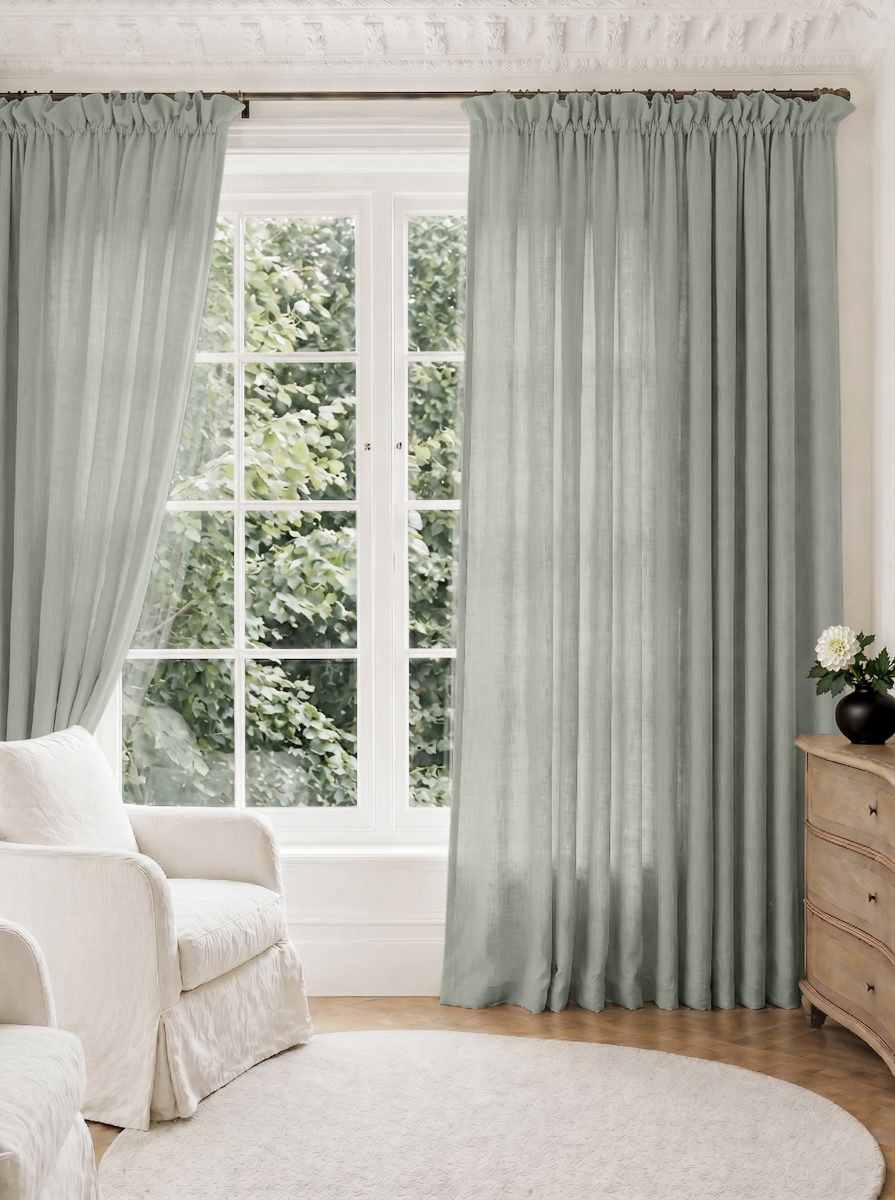 Muted Green Pleated Linen curtains for Living room. Made of pre-washed linen Bianco Venice by Ada & Ina.