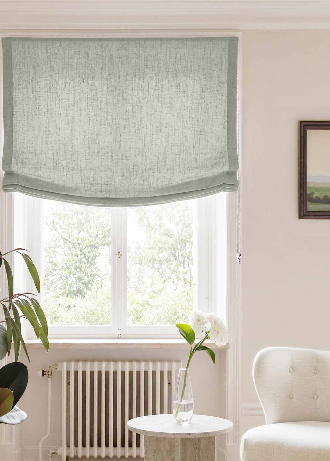 Muted Green Relaxed linen blind - pre-washed. Bianco Venice by Ada & Ina.