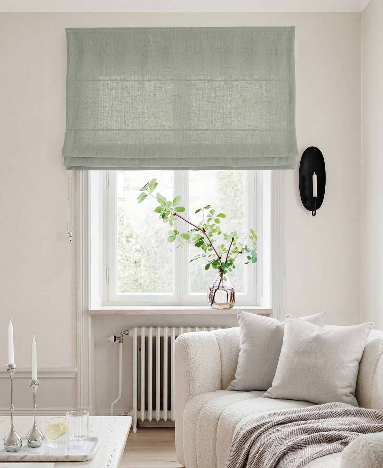 Muted Green Linen Roman blind - Cotton lined. Made of pre-washed 100% linen Bianco Venice by Ada & Ina.