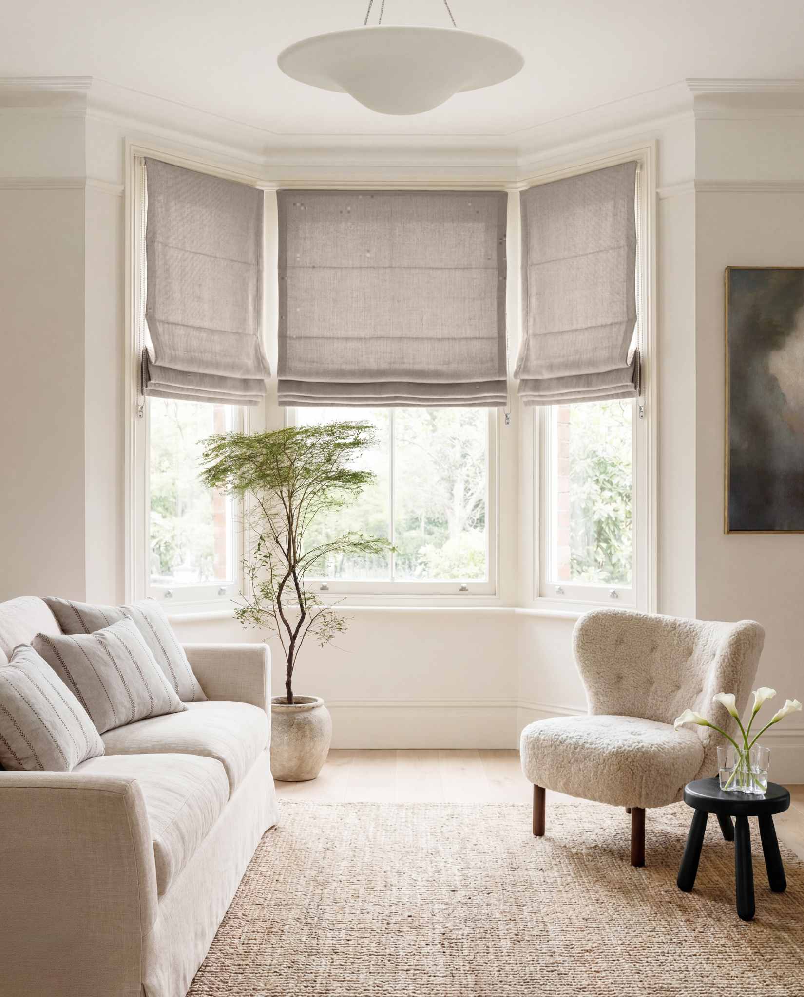 Natural Linen Bay window roman blinds for Living room and bedroom. Lined. Greta Natural.