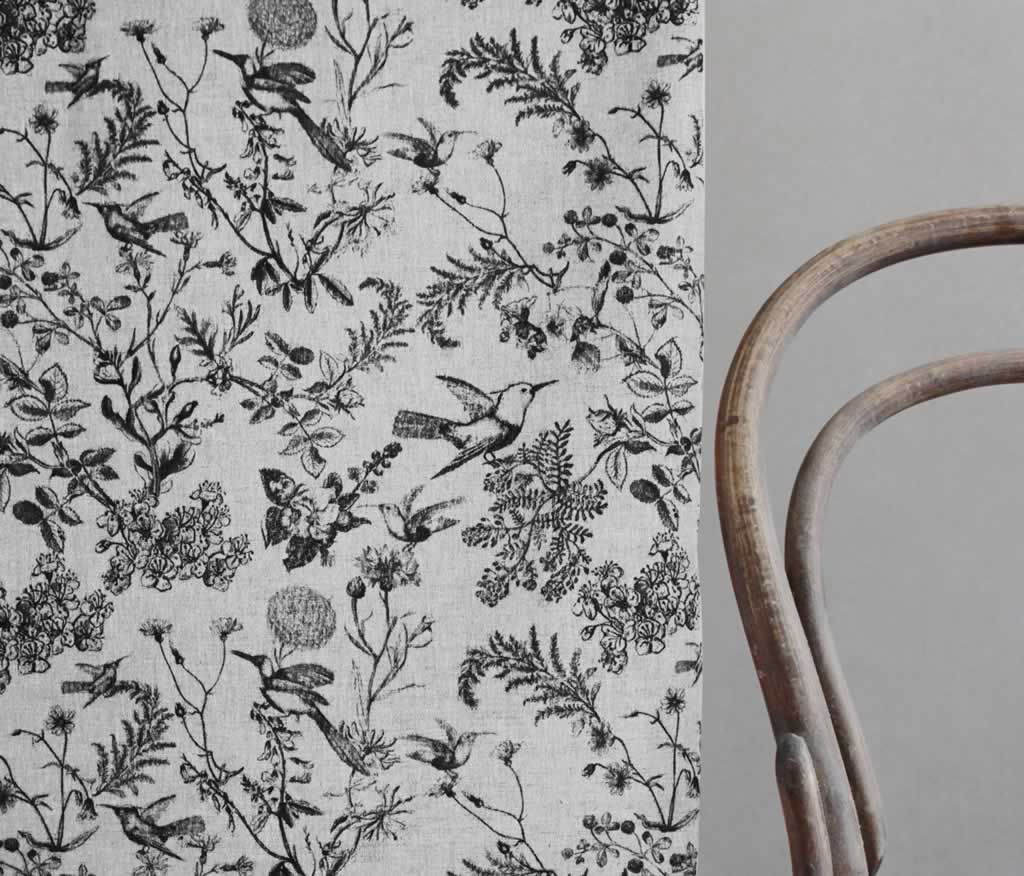 Marianne-INV Noir - Curtain fabric with Black botanical print