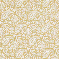 Nora Dijon-WHT - White fabric for curtains with yellow paisley print, 100% linen