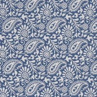 Nora Ink-WHT - White fabric for curtains with dark blue paisley print