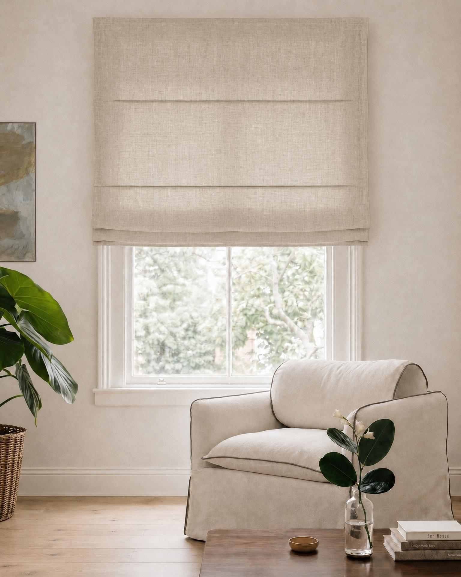 Oatmeal Roman blind. Made of soft Linen Cotton fabric Enni Oatmeal by Ada & Ina