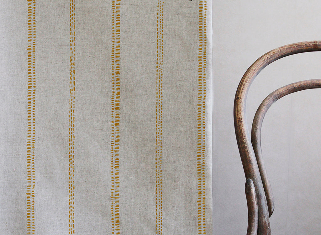 Rae Ochra - Curtain fabric with Yellow Orange hand drawn stripes