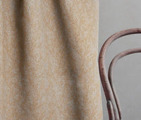 Alma Gold Ochra Linen Fabric- Curtain fabric with Yellow Orange botanical print. Create Unique Linen Curtains.