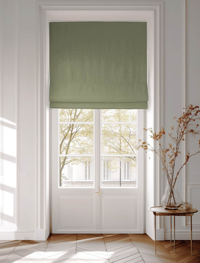 Green cotton roman blind in Amara Olive fabric