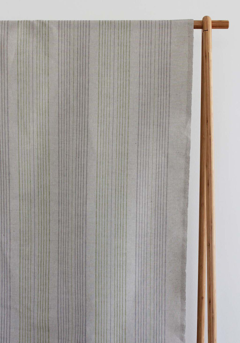 Else-Olive- Linen Cotton mix curtain fabric, Green & Grey stripes