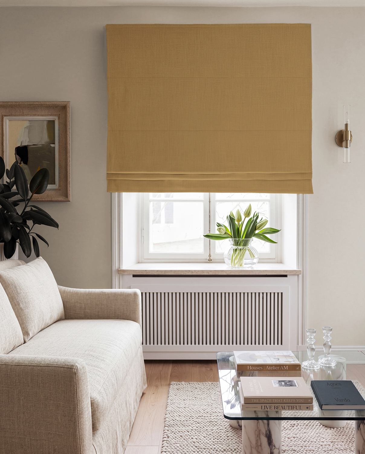 Orange 100% Linen Roman Blind with Blackout lining. Beata Honey by Ada & Ina Fabrics