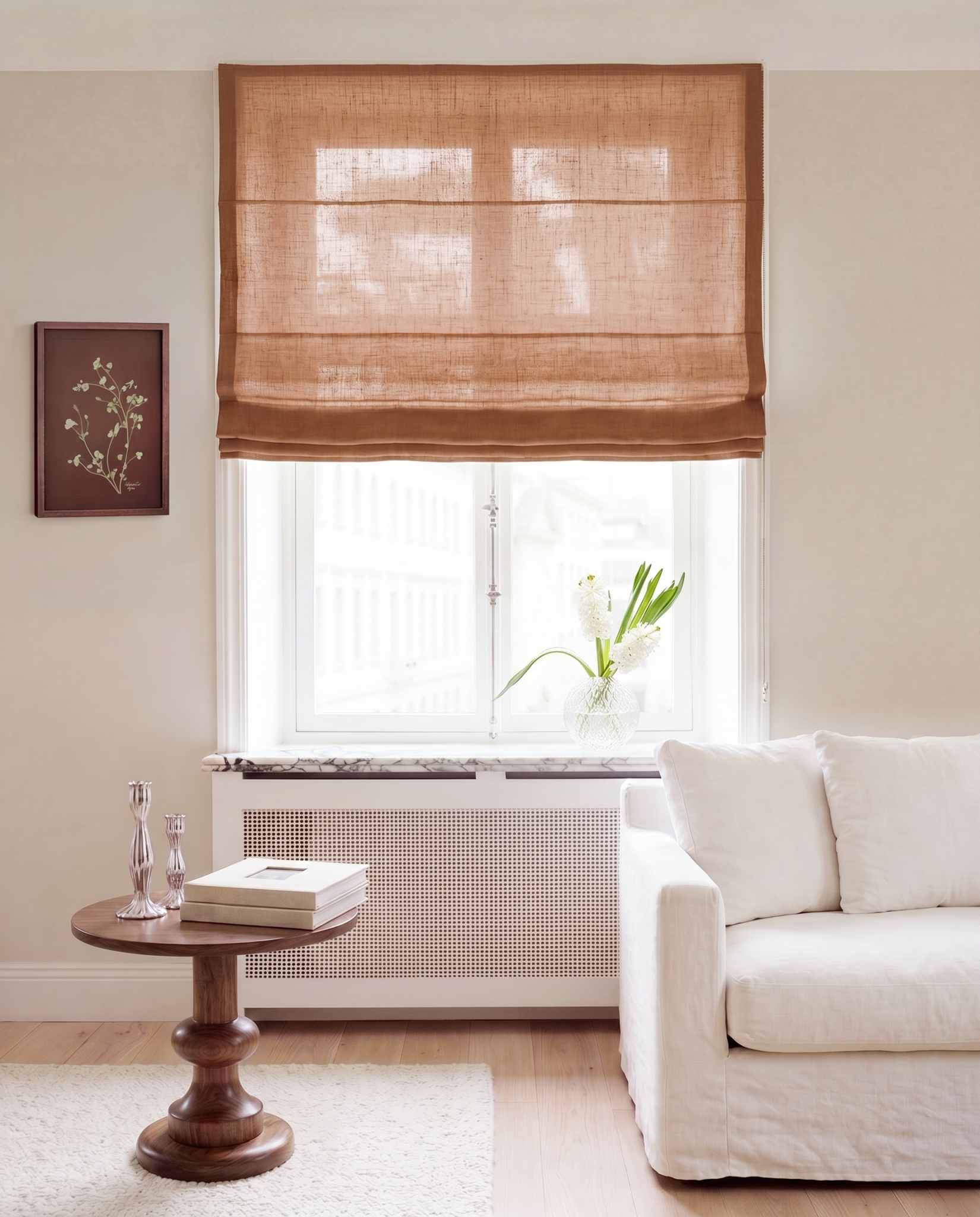 Dark Orange Linen Roman blind. Made of 280 cm wide soft 100% Linen fabric Vilgot Burnt Orange by Ada & Ina