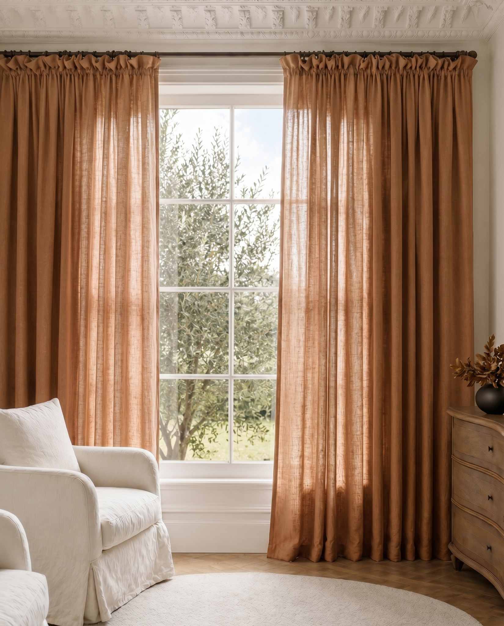 Dark Orange Wide Linen Curtains. Made of double width 280 cm wide soft pure linen fabric Vilgot Burnt Orange by Ada & Ina