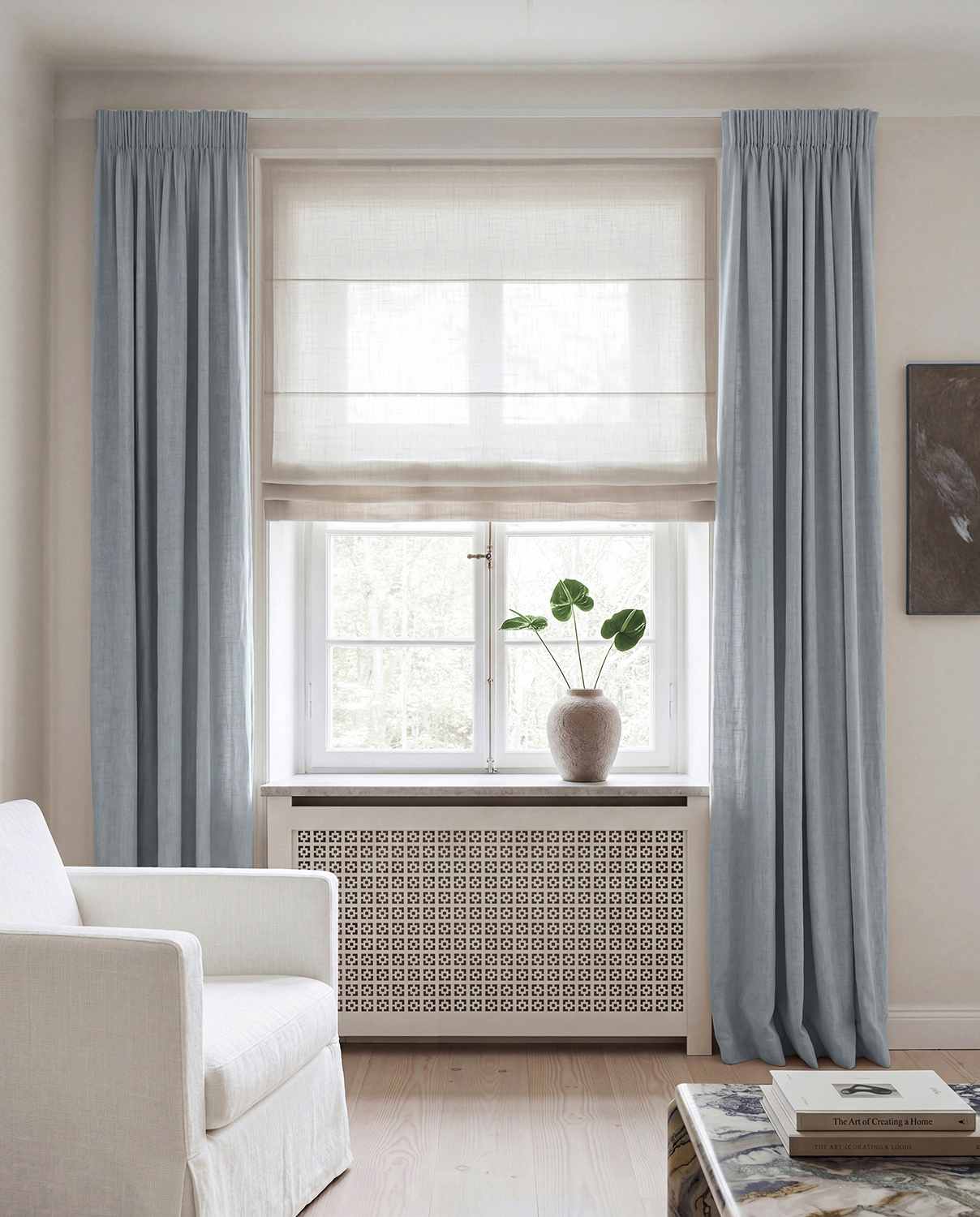 Pale Blue Linen curtains blackout lined - pre-washed linen. Bianco Hazy Sky by Ada & Ina.