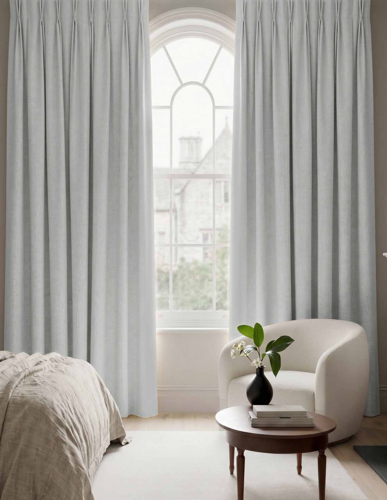 Pale Blue Made to measure linen curtains - Blackout lined 100% linen Pleated heading. Greta Pearl.