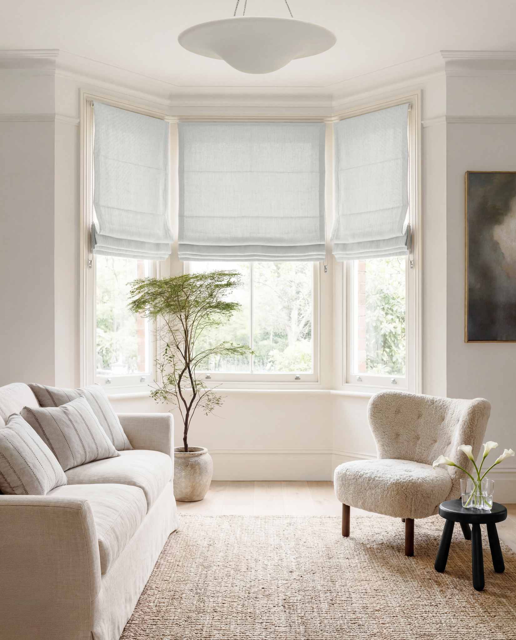 Pale Blue Linen Bay window roman blinds for Living room and bedroom. Lined. Greta Pearl.