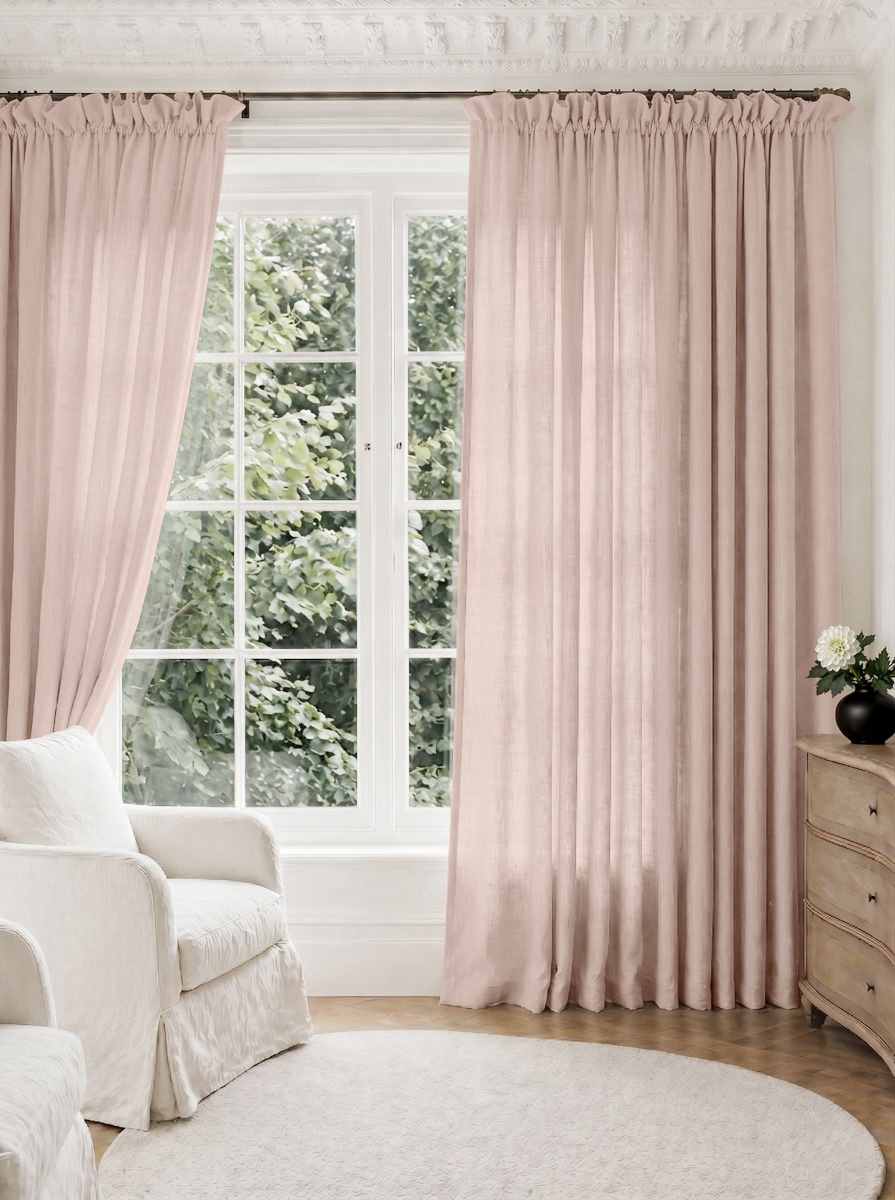 Pale Pink Pleated Linen curtains for Living room. Made of pre-washed linen Bianco Misty Rose by Ada & Ina.