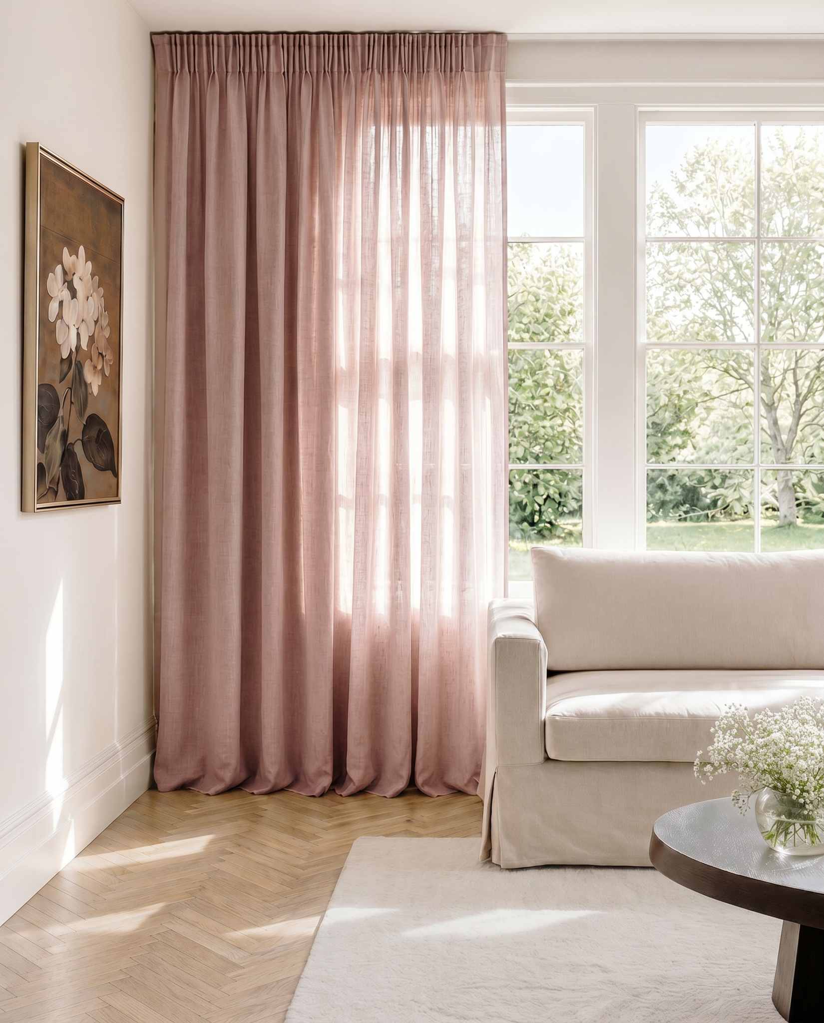 Pale Pink Pencil pleat curtains - 100% Linen. Linara Rose by Ada & Ina