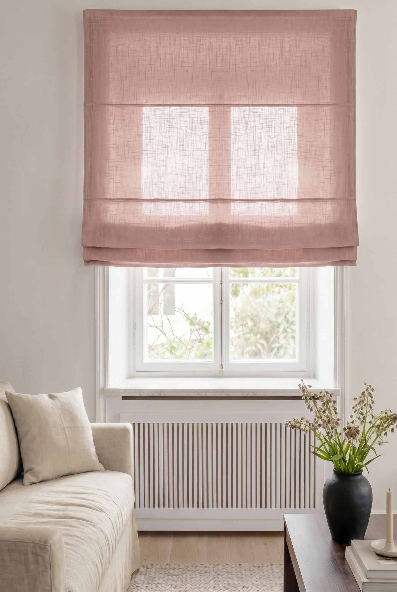 Pale Pink Linen Roman blind. Linara Rose by Ada & Ina