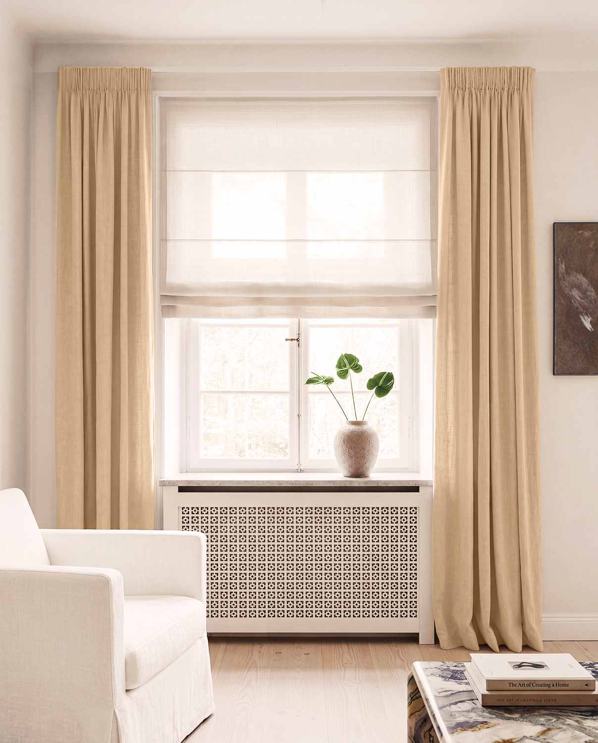Pale Yellow Linen curtains blackout lined - pre-washed linen. Bianco Gold Rose by Ada & Ina.