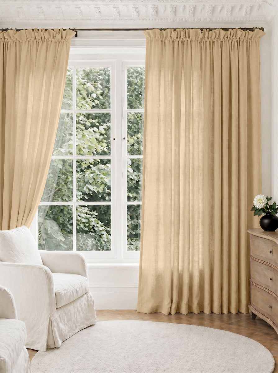 Pale Yellow Pleated Linen curtains for Living room. Made of pre-washed linen Bianco Gold Rose by Ada & Ina.