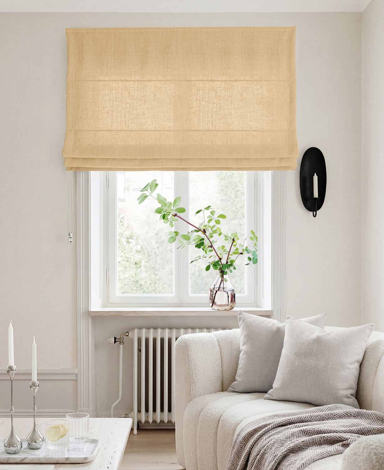 Pale Yellow Linen Roman blind - Cotton lined. Made of pre-washed 100% linen Bianco Gold Rose by Ada & Ina.