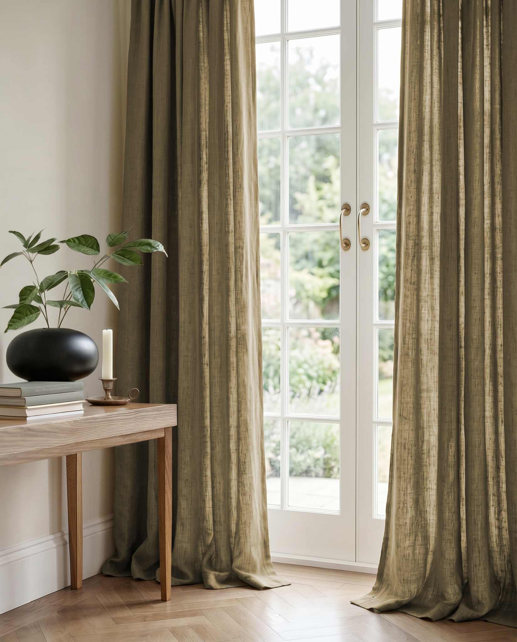 Pine Green 100% Linen Curtains with puddling