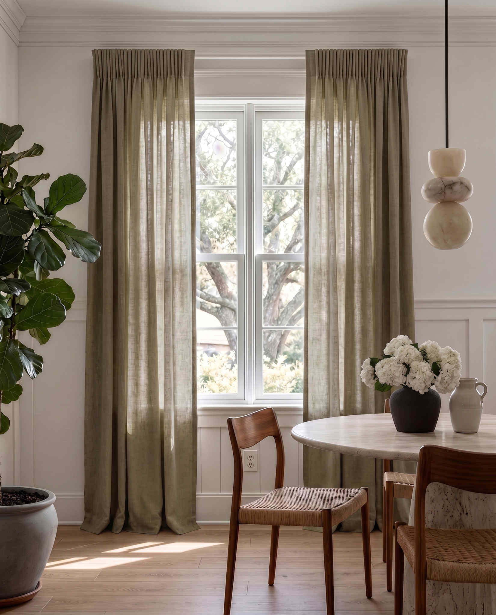 Pine Green 100% Linen Unlined curtains - Pencil pleat heading. Bea Pine by Ada & Ina