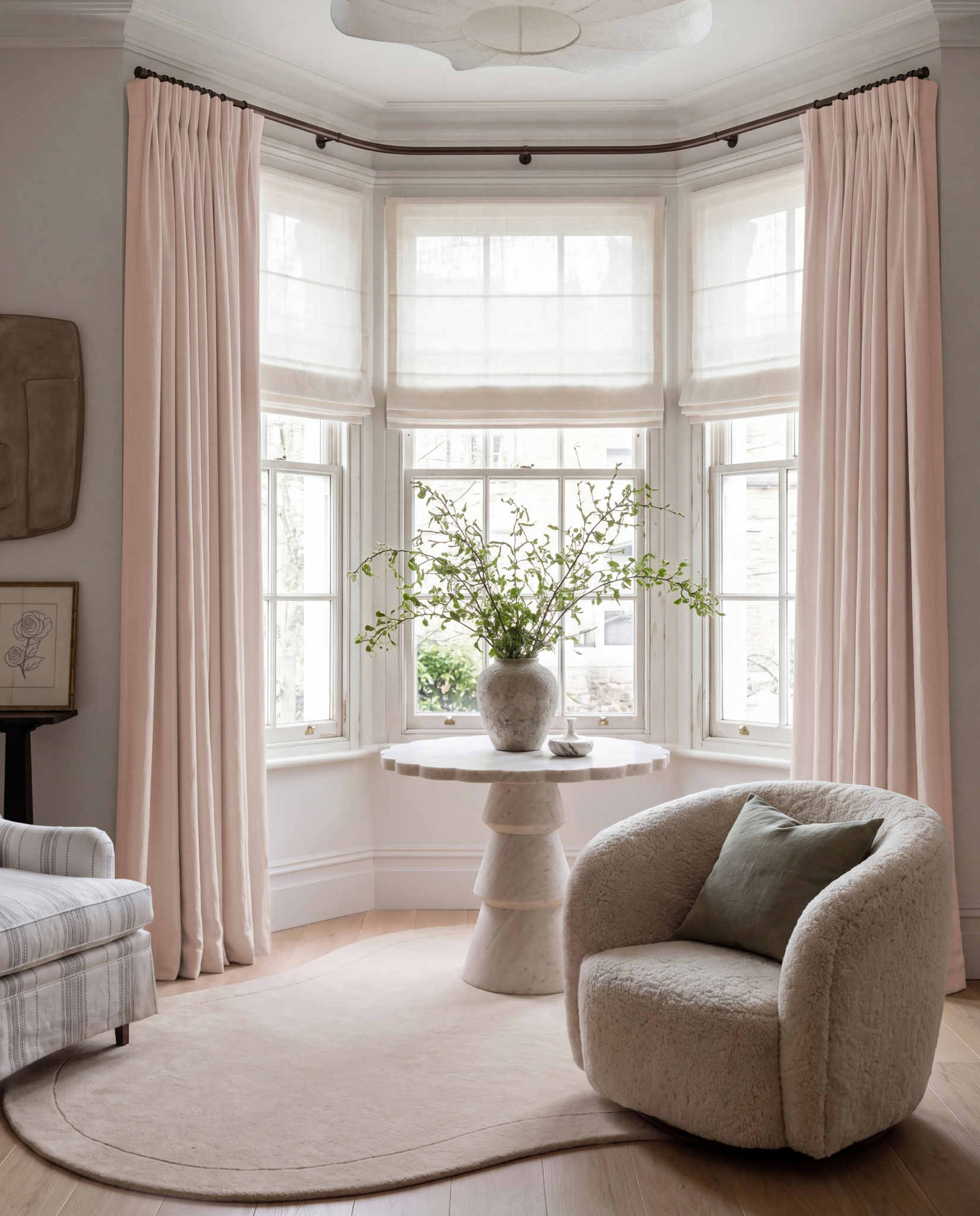 Pink 100% Linen Bay window curtains. Bea Powder Pink by Ada & Ina