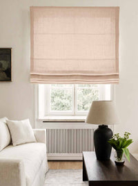 Pink Made to measure linen roman blind - Cotton Lined. Greta Rose Fog.