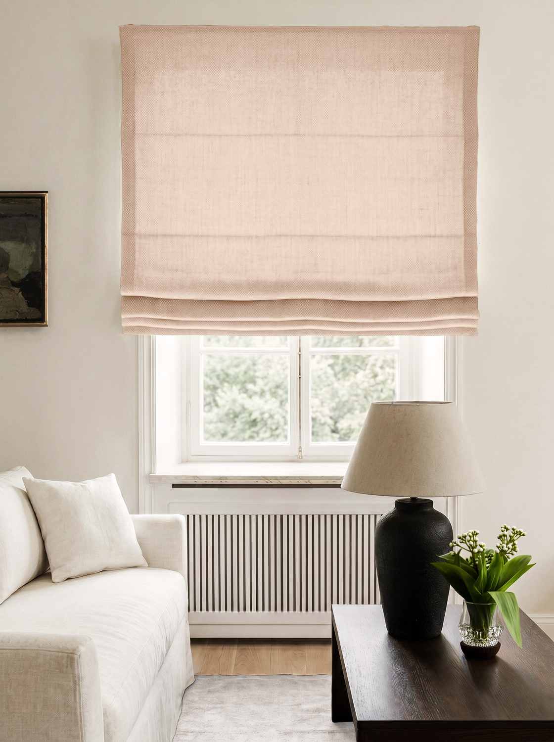 Pink Made to measure linen roman blind - Cotton Lined. Greta Rose Fog.