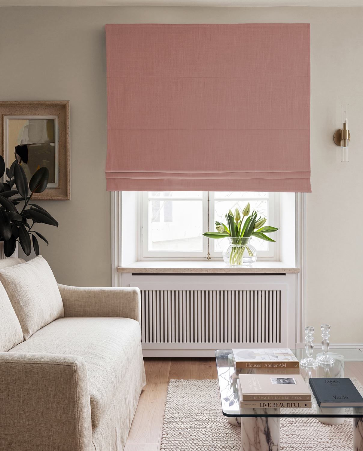 Pink 100% Linen Roman Blind with Blackout lining. Beata Dusty Pink by Ada & Ina Fabrics