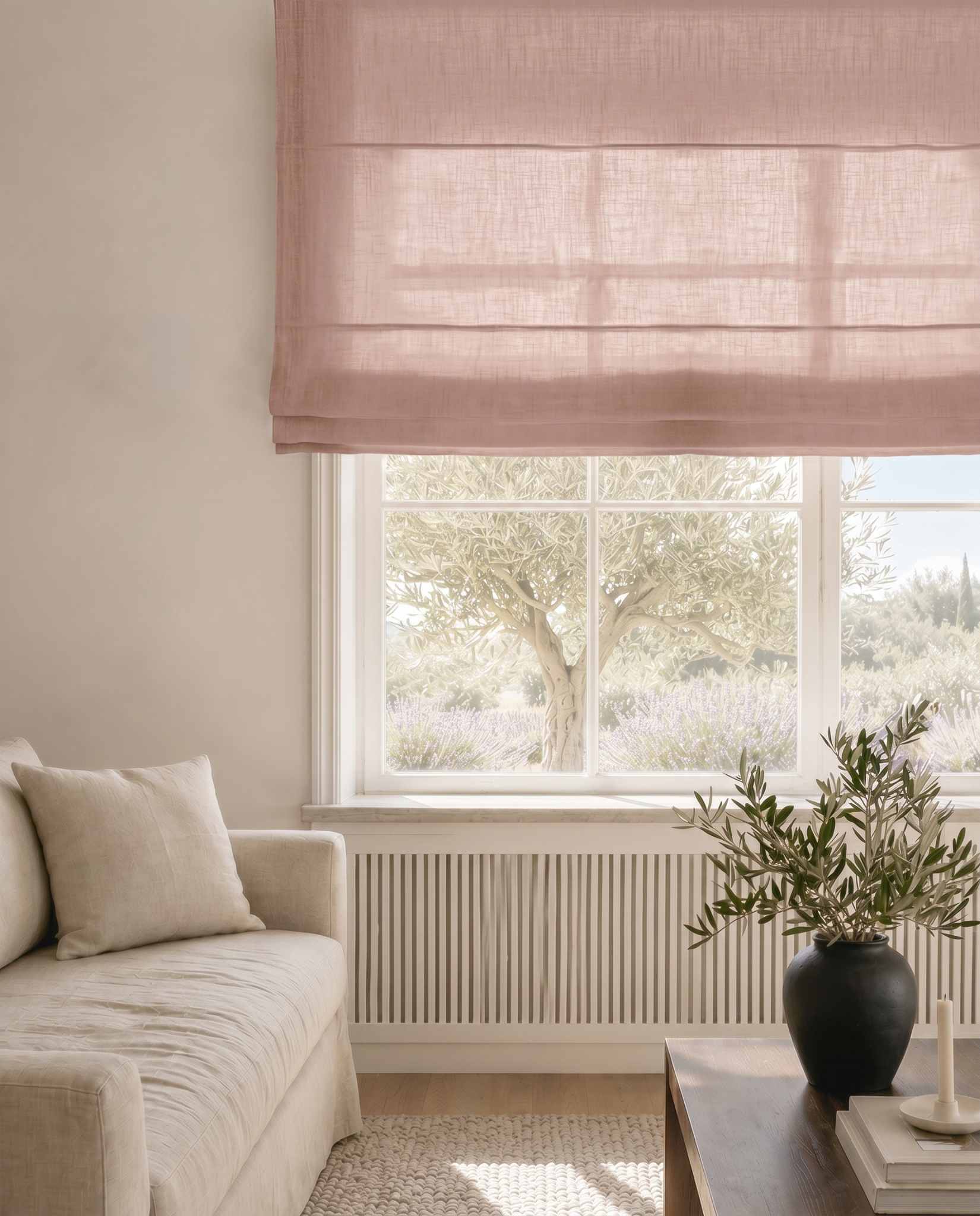Pink Linen Roman blind. Mariana Wild Peony by Ada & Ina
