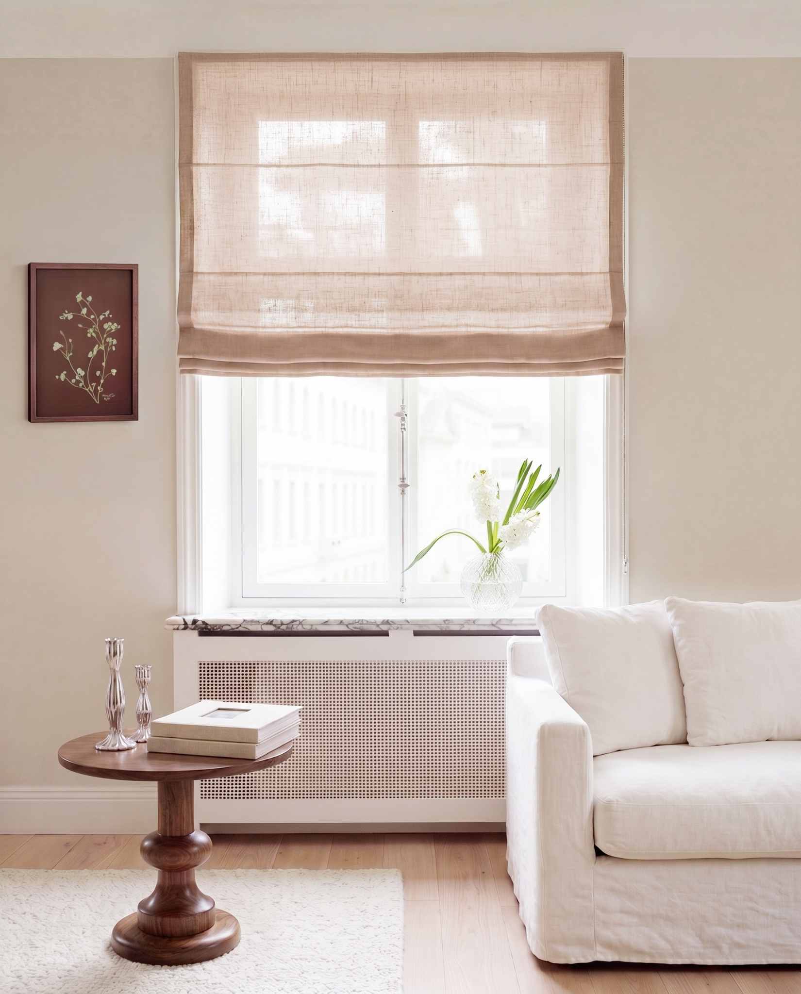 Pink Linen Roman blind. Made of 280 cm wide soft 100% Linen fabric Vilgot Dusty Rose by Ada & Ina