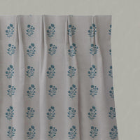 Blue Floral Linen Pleated Curtain - Cherie Blue Stone - Natural base fabric.