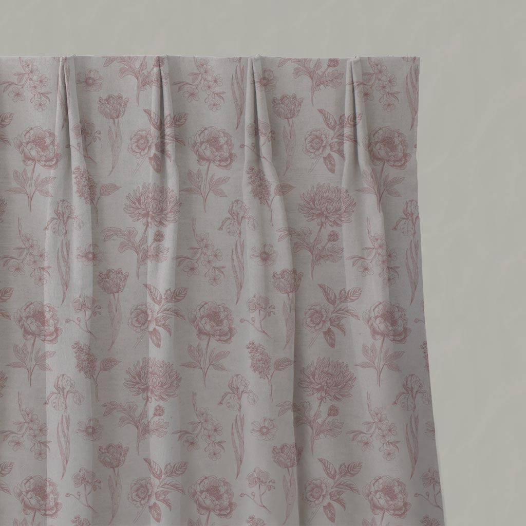 Pink Floral Linen Pleated Curtain - Cirian Dusty Pink - Natural base fabric.